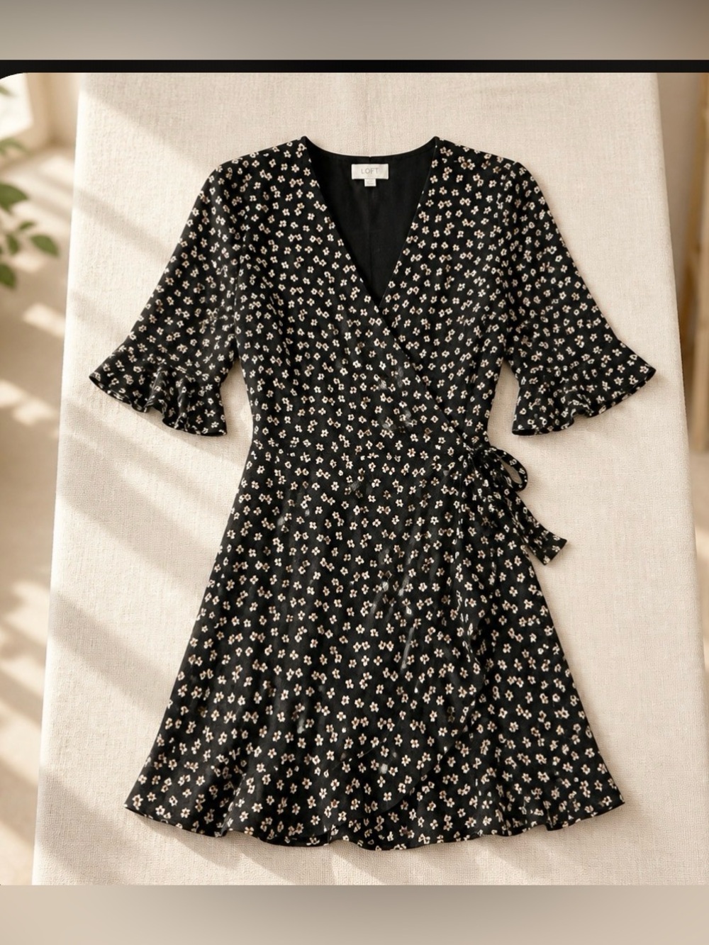 LOFT Black Mini Wrap Dress with Cream Floral Print